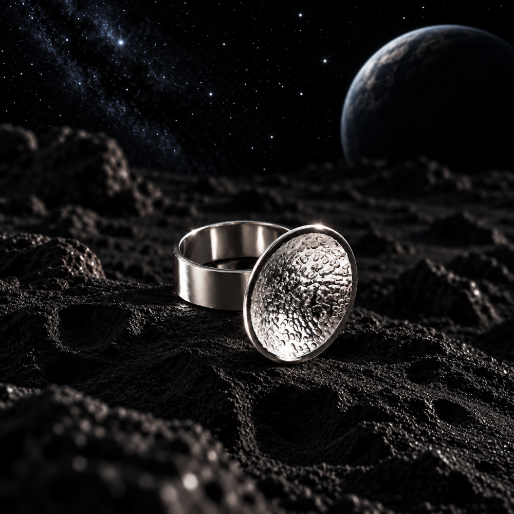 Bague coupelle en argent 925 pour femme. Bague faite main à Yverdon en Suisse romande. Mise en scène générée par l'IA.