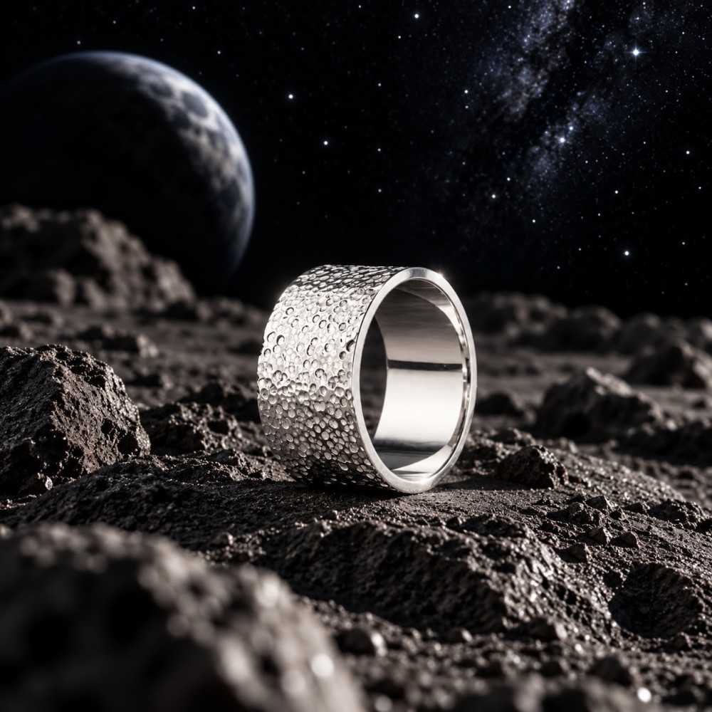 Bague large texturée en argent 925, bague artisanale unisexe suisse. Mise en scène générée par l'IA.