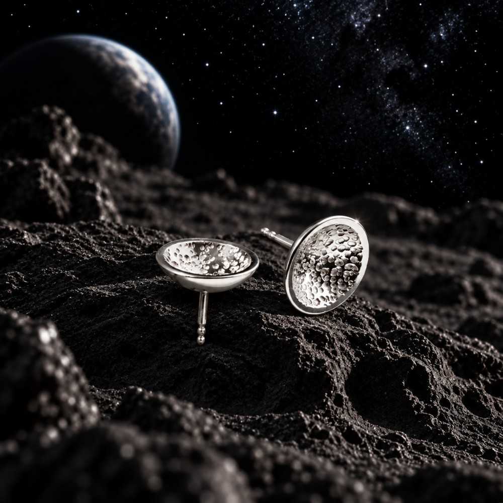 clous d'oreilles inspirée par la surface de la lune, argent 925, faits main en Suisse. Mise en scène générée par l'IA.