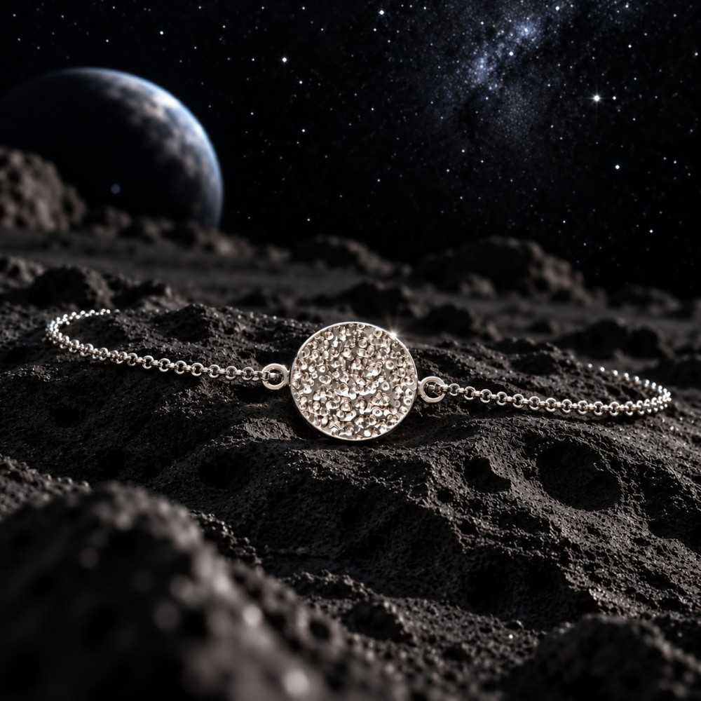 Bracelet médaillon texturé artisanal fin en argent 925 pour femme suisse, inspiration lune. Mise en scène générée par l'IA.